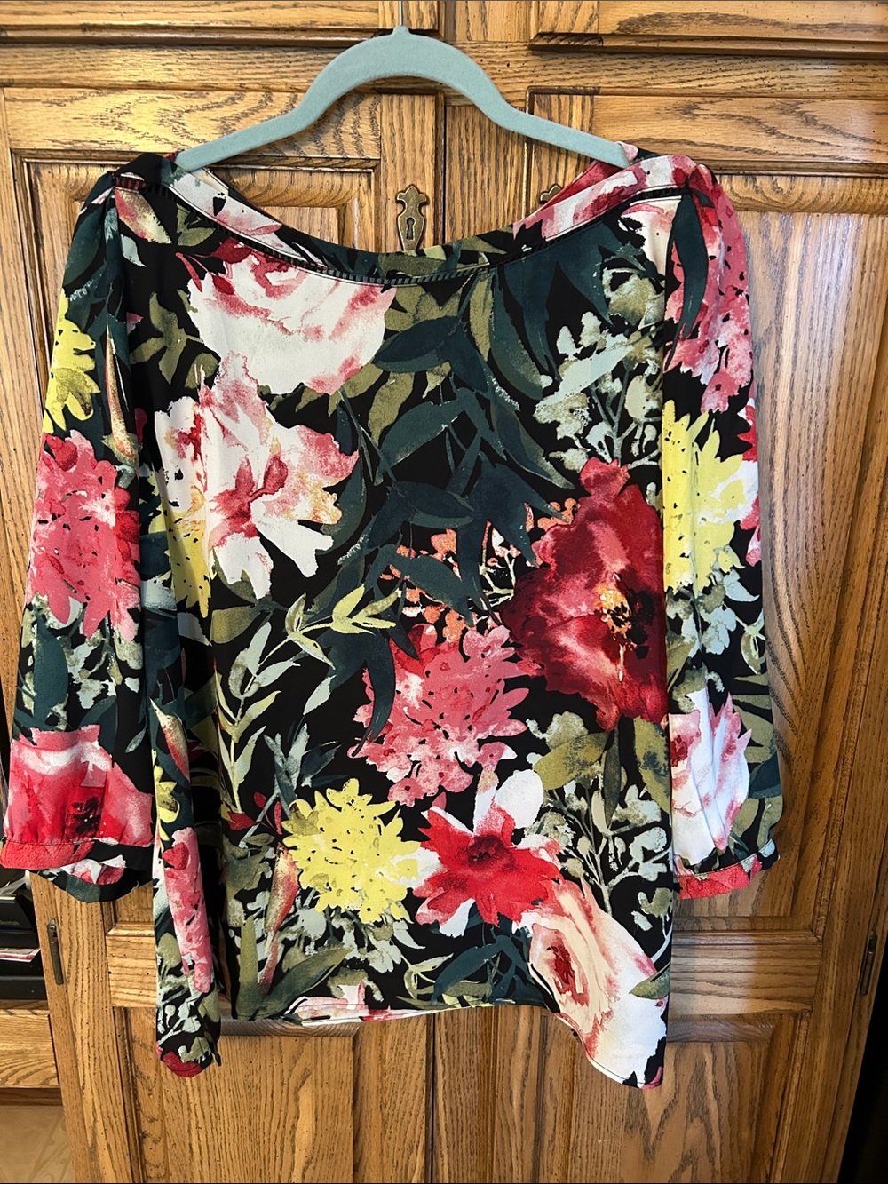 Floral Boatneck Women's Top in Black with Multicolor Blooms